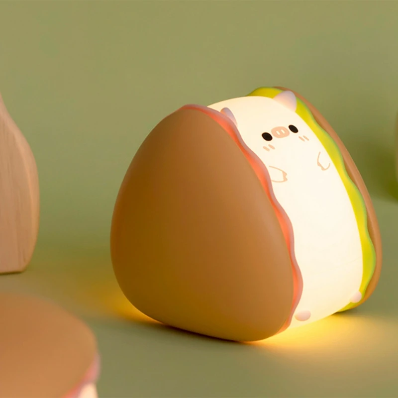 TKOH-Burger Piggy Luz nocturna de silicona, luces nocturnas, LED Squishy Novedad Animal Regalos lindos -3 niveles de brillo, sensor táctil