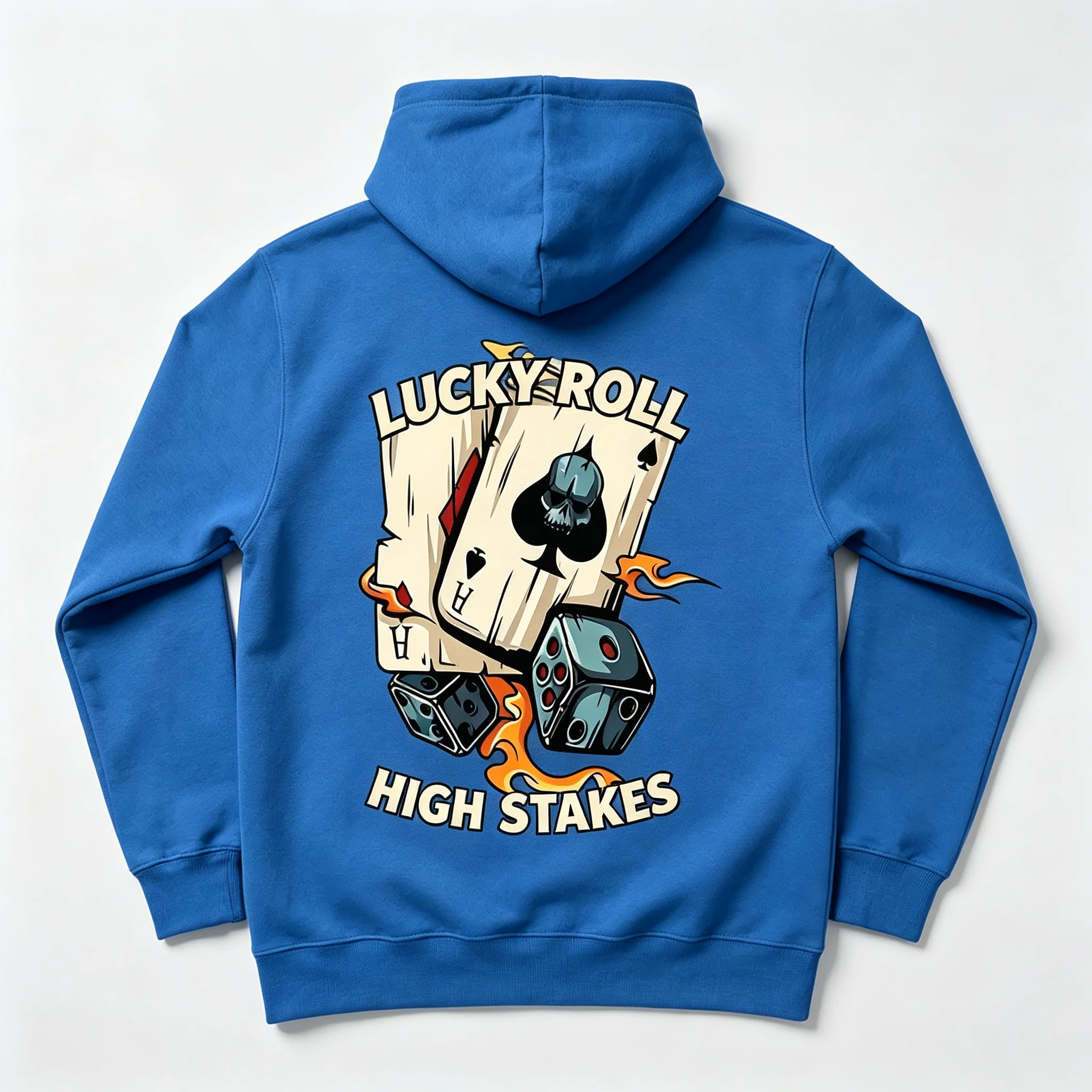High Stakes Hoodie for Men “Lucky Roll” Spade Skull Dice Flame Graphic Print Casual Cotton Pullover Long Sleeve Male Hooded Top