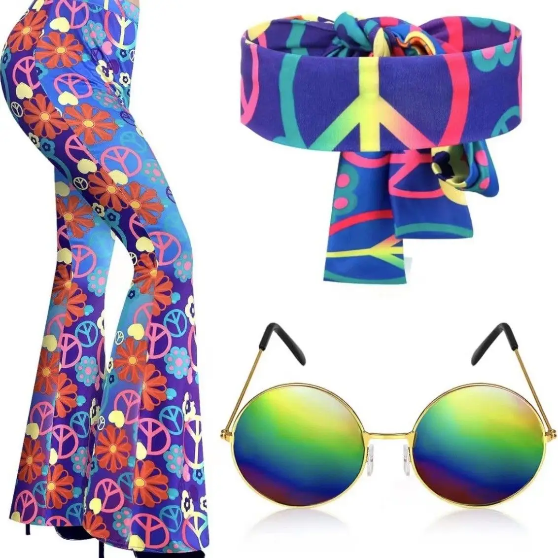 70s Hippie Print Flared Pants with Headscarf Halloween Disco Pattern High Waist Trousers Women's Fashion Bottom Wear