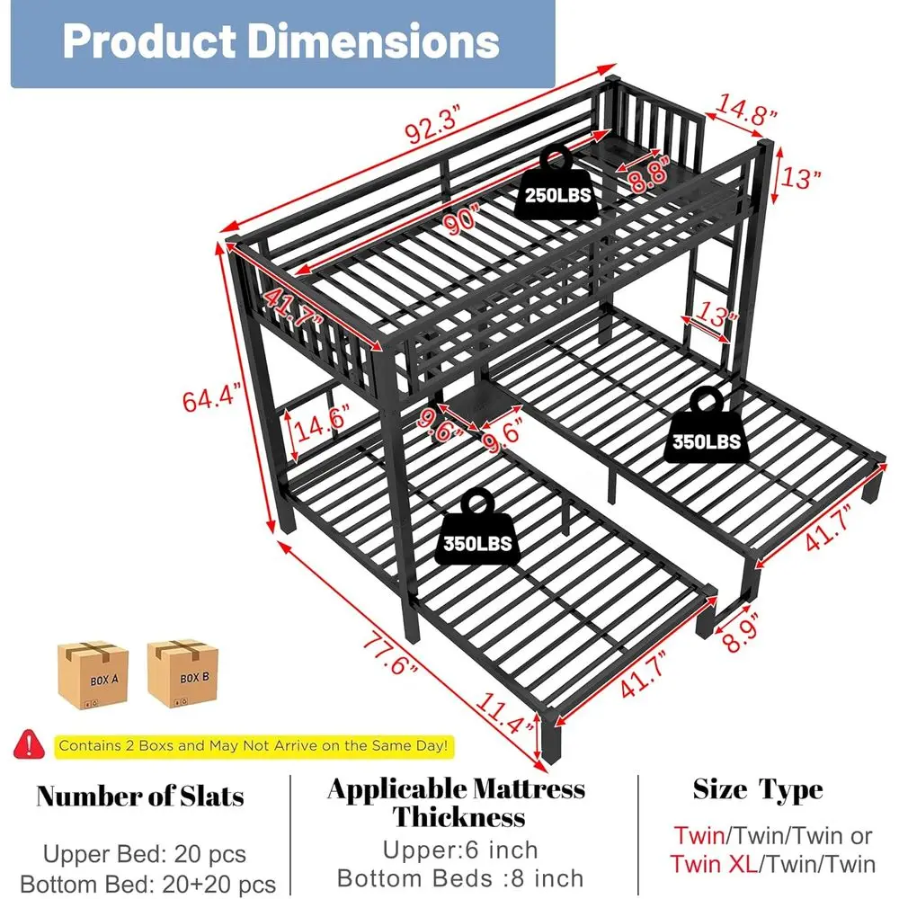 Triple Bunk Bed, Kids LED Light, Metal Heavy Duty 3 Bunk Beds with Charge Station & Storage, Convertible Three Bunk Beds for Gir