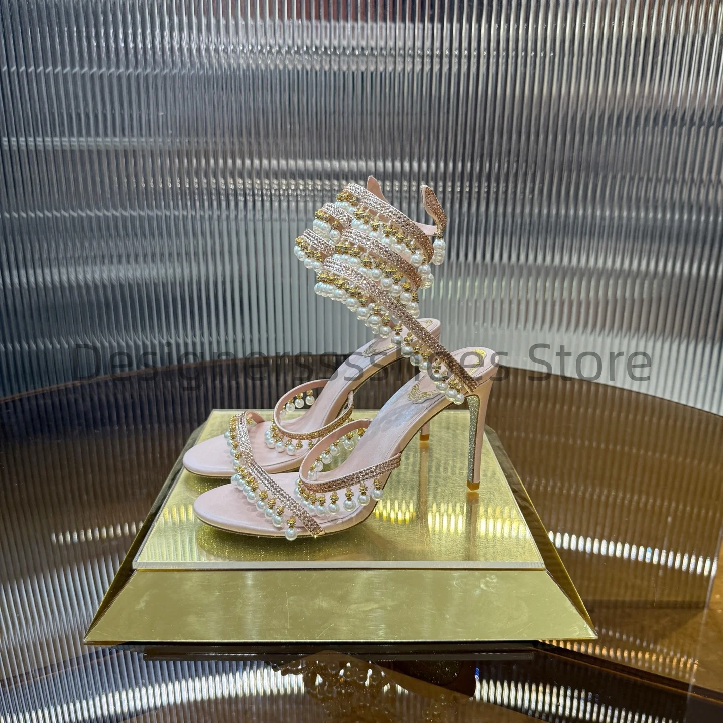 Snake Ankle Strap Pearl Crystal Drop High Heels Sheepskin Lining Silver Leather Outsole