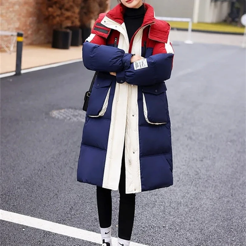 

Female Long Down Jacket Washable Contrast Loose Thicken Hooded Parker Coat New Winter Warm White Duck DownCoat Women's Overcoat