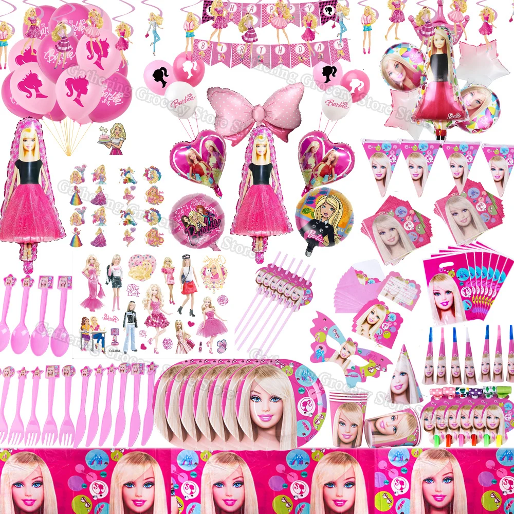 

Pink Barbie Theme Girl Princess 1-9th Foil Ballon DIY Party Decoration Paper Tableware Kid Birthday Scene Layout Party Supplies