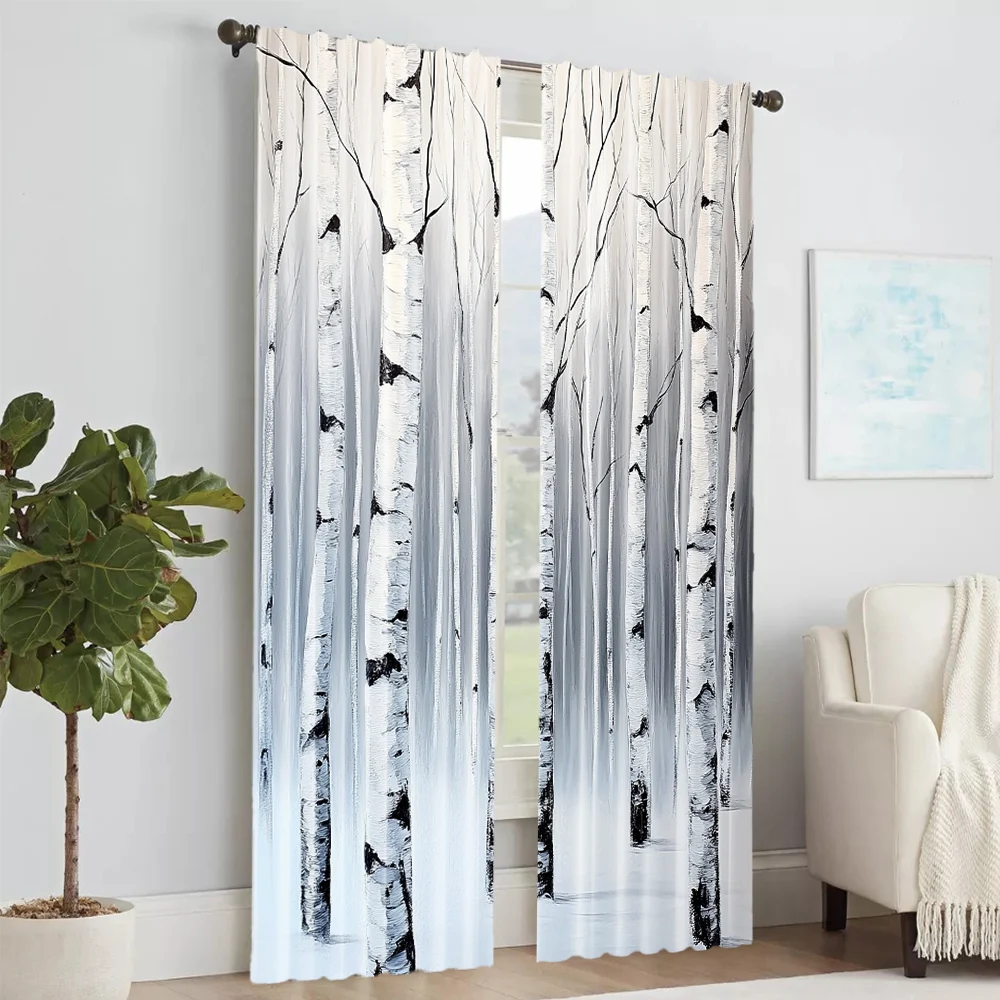 2Pcs Birch Forest Print Window Curtains Rod Pocket Design For Easy Hanging Perfect For Bedroom Living Room Office And Home