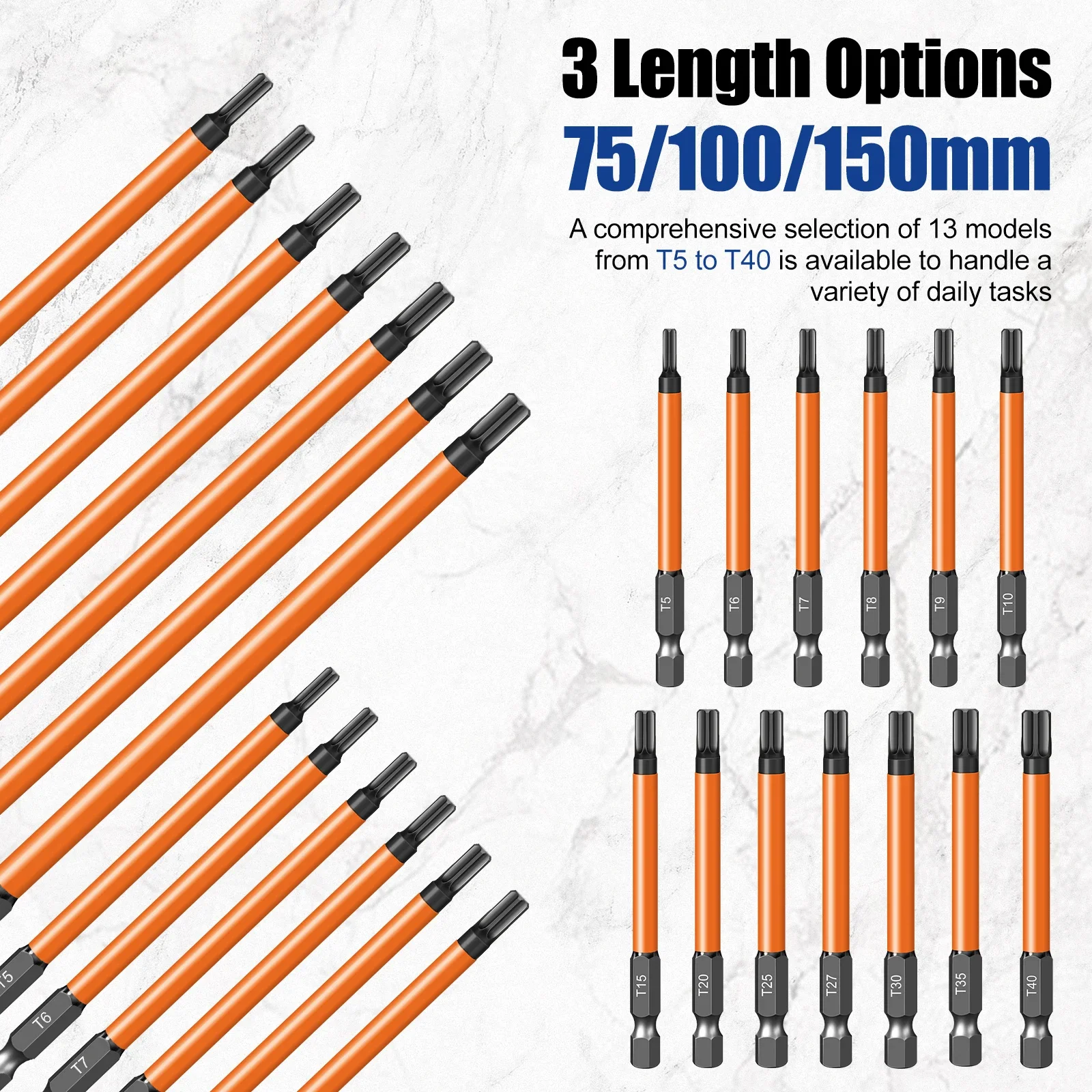 13Pcs Torx Screwdriver Bits Set T5-T40 75/100/150mm Magnetic 1/4'' Hex Shank Drill Head Electric Impact Wrench Drill Repair Tool