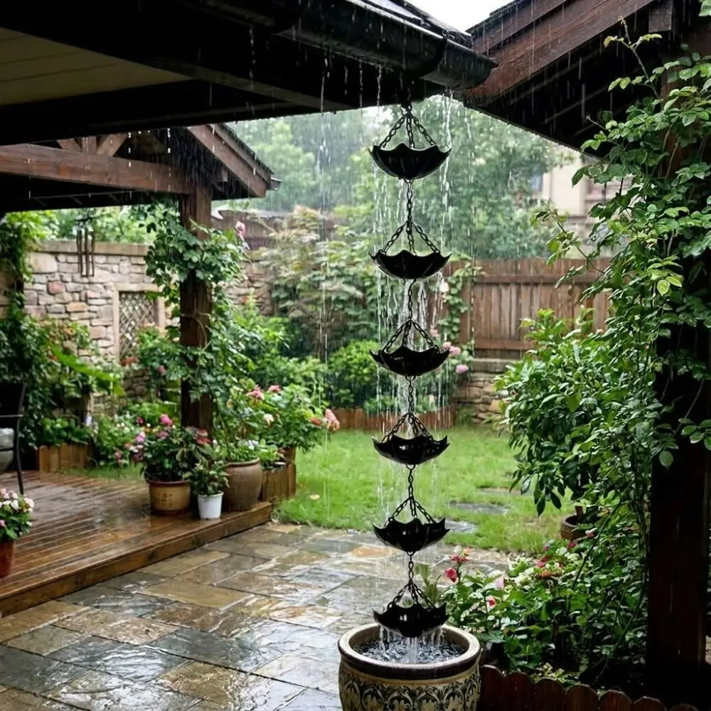 Japanese Style Metal Flowers Rain Chain 7 Cups Weather Resistant Eaves Water Drainage Chain Hanging Corrosion-resistant