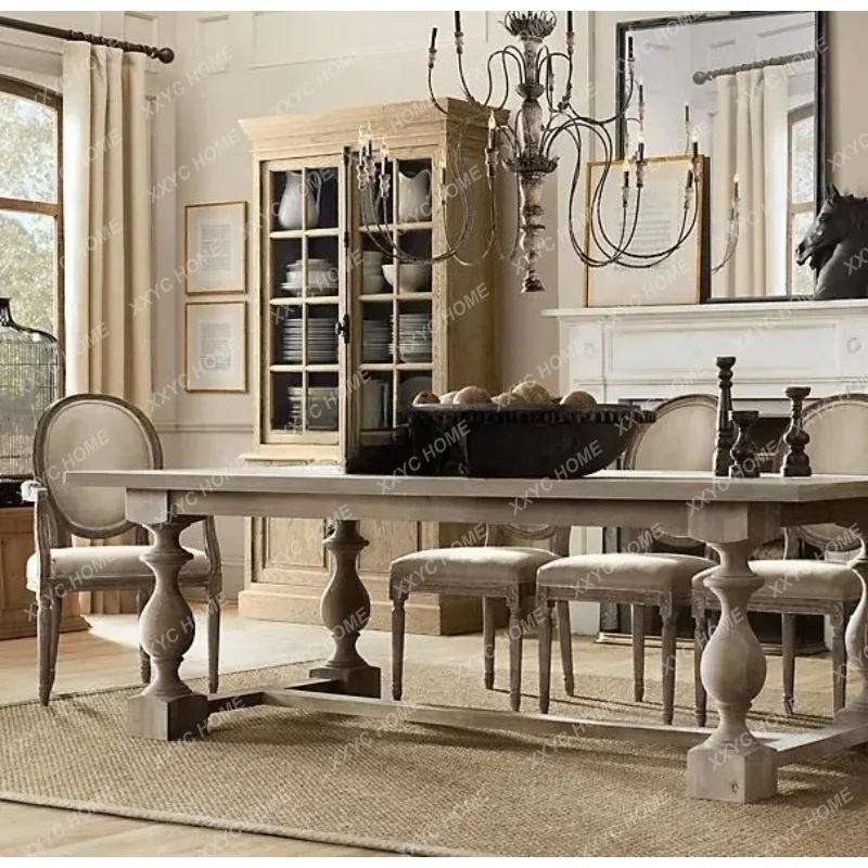 XXstyle Vintage Solid Wood Dining Table and Chair Set Retro Conference Table style Office French-style Work Desk