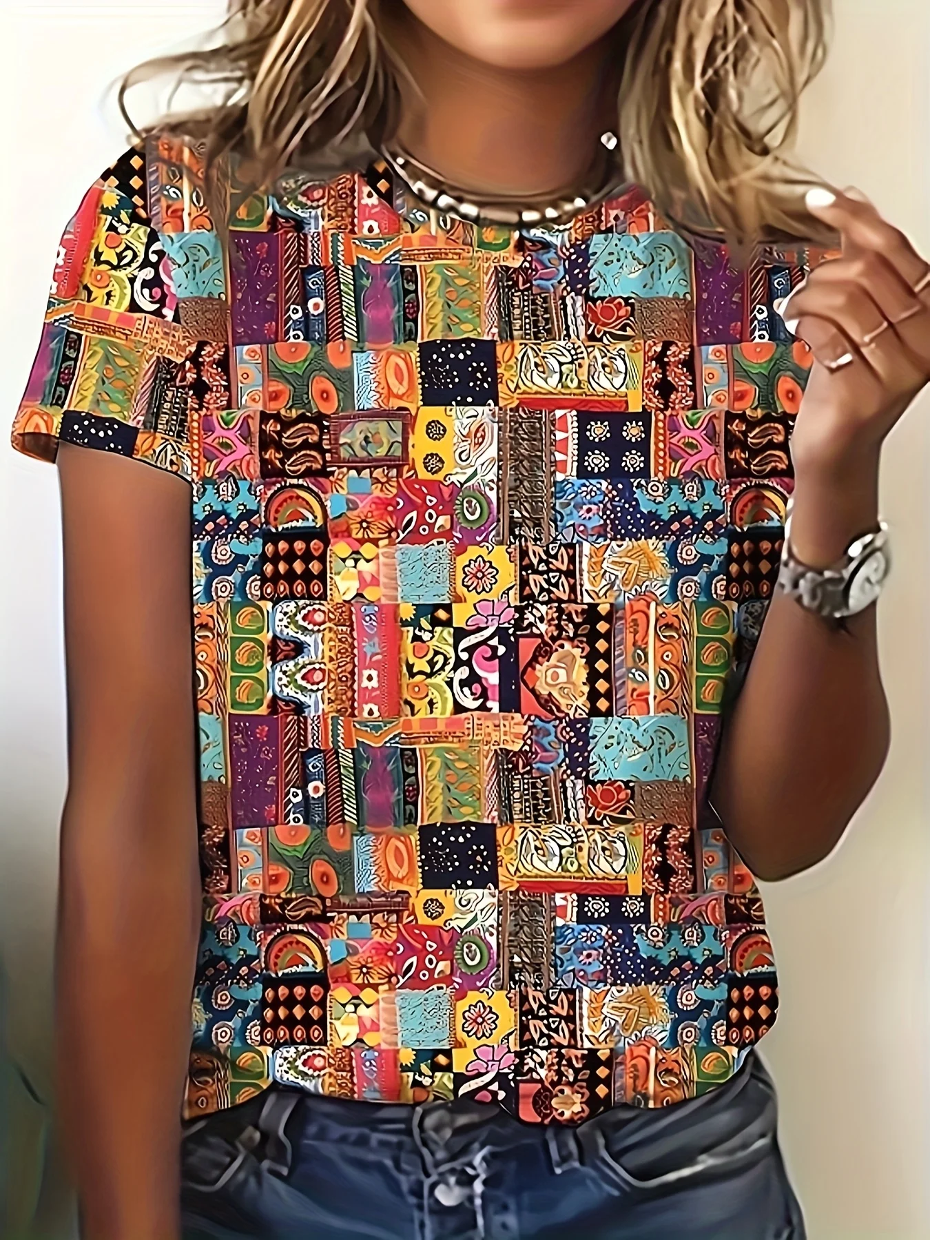 Vibrant Patchwork Women's Tee - Boho Mixed Pattern Graphic, Colorful Ethnic Print Design for Casual Daily Wear