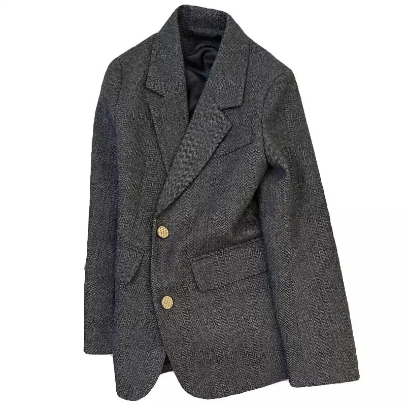 2026 High-grade Gray Woolen Suit Jacket Women's Casual Blazers Spring Autumn Single-breasted Office Small Coat Lady Slim Blazers