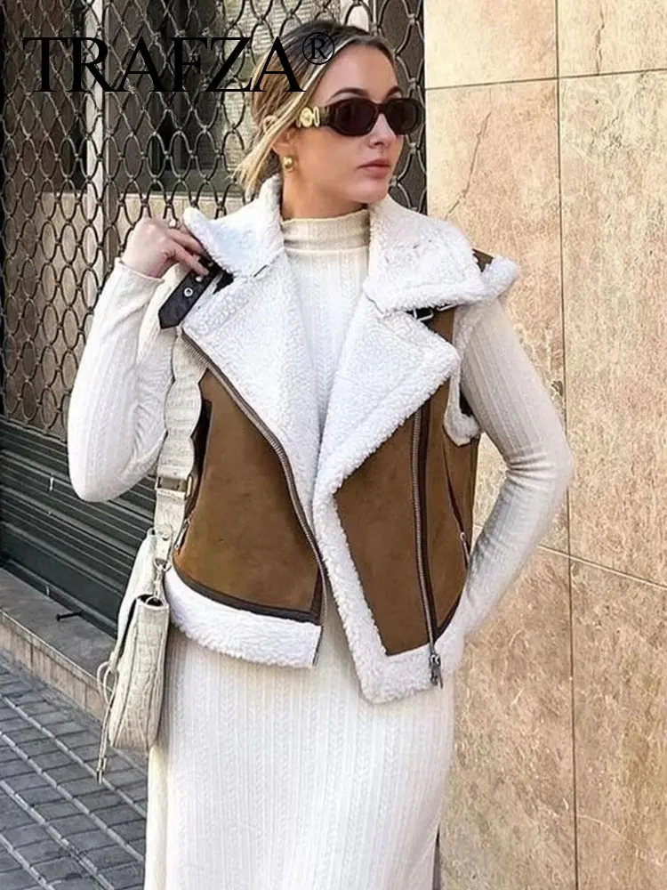 TRAFZA Winter Women Fashion Plus Velvet Vest Khaki Lapel Zipper Fly Cardigan Coat Female Pockets Wild Basic Woman Waistcoat Top