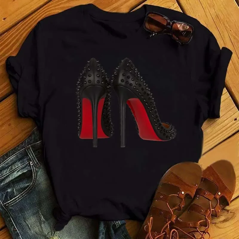 

Women's Clothes Female Shirts Maycaur Summer Women Tshirt New Fashion High Heels Printed Short Sleeve Tops Casual T-Shirts