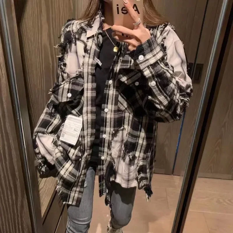 High Quality New 25SS MIHARA Japanese Black and White Plaid Damaged Double Layer Shirt Coat