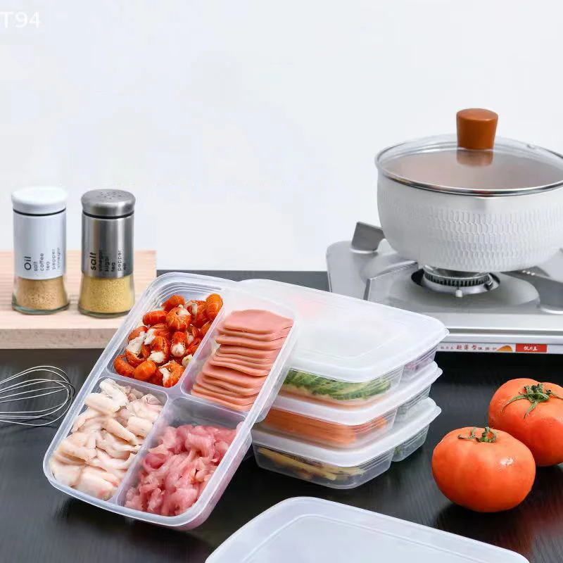 

4 Grids Portable Food Compartment Storage Containers, Plastic Reusable Refrigerator Organizer Boxes Kitchen Accessories