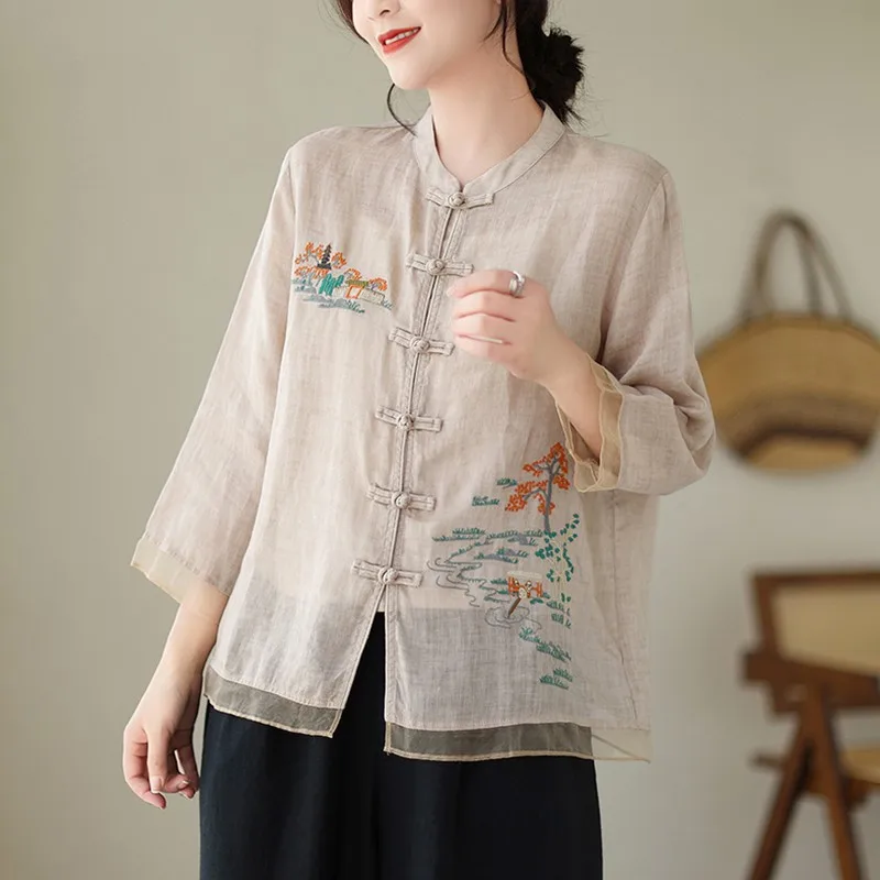 Women Casual Shirt New Arrival 2024 Summer Chinese Style Vintage Embroidery Loose Comfortable Female Basics Tops Shirts B3709