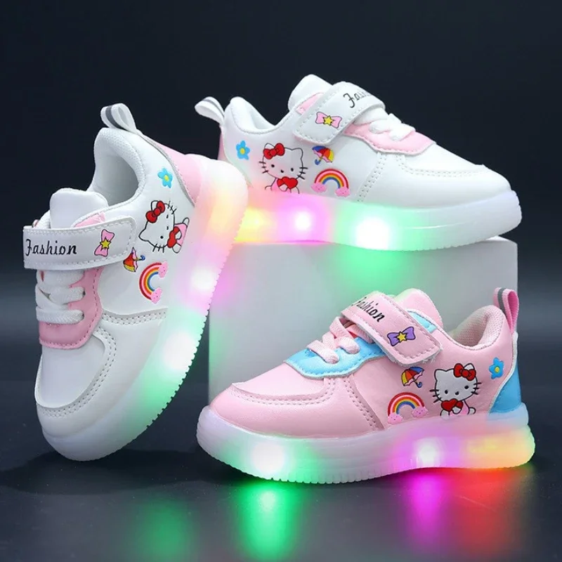 LED Kids Shoes for Girls Cute Cartoon Hello Kitty Shoes Baby Girl Kawaii Canvas Shoes Soft Bottom Sneakers Casual Shoes