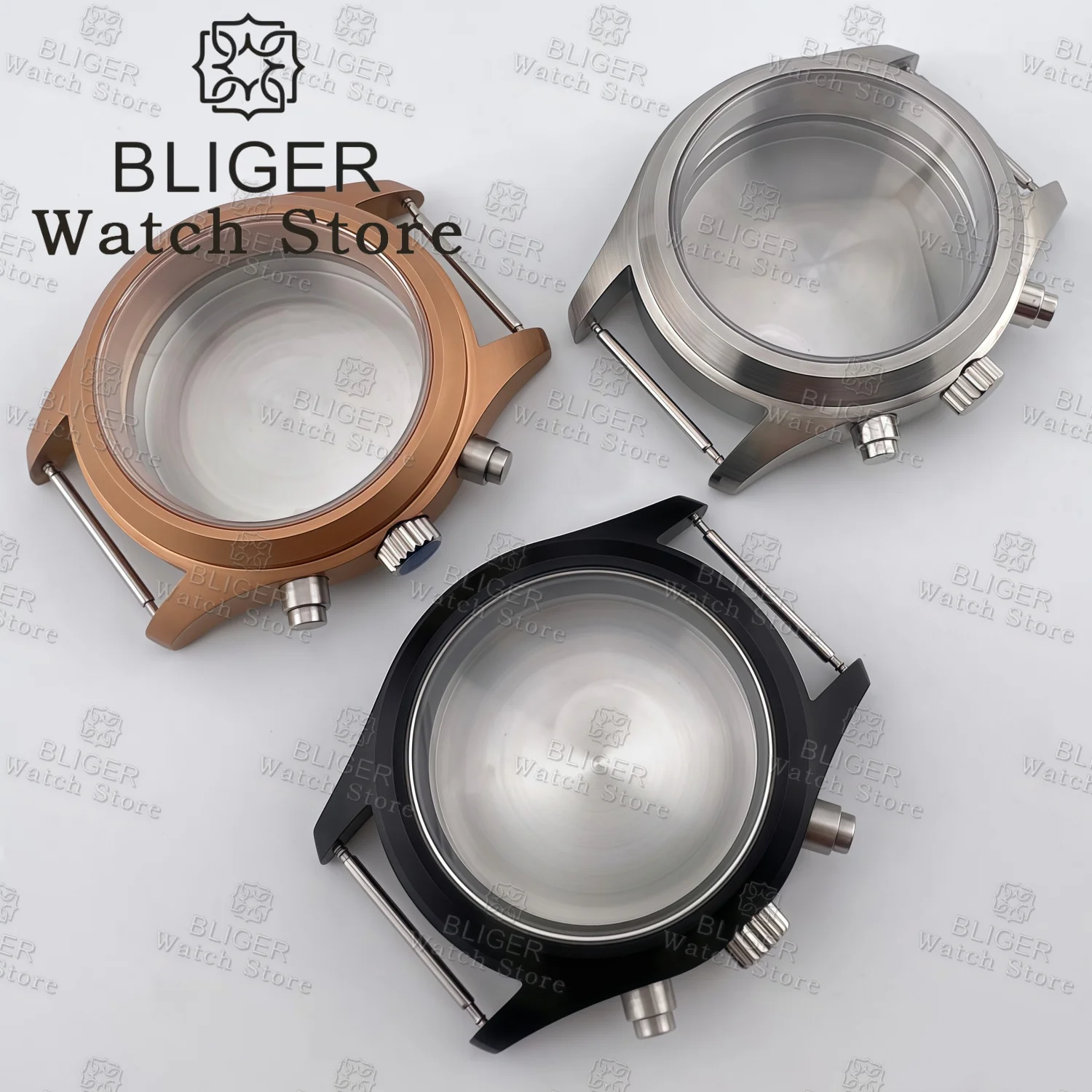 BLIGER 38mm Dive Brushed Pilot Chronograph Watch Case Dome Sapphire Glass Fit VK63 VK64 VK67 VK68 Quartz Movement Screw Crown