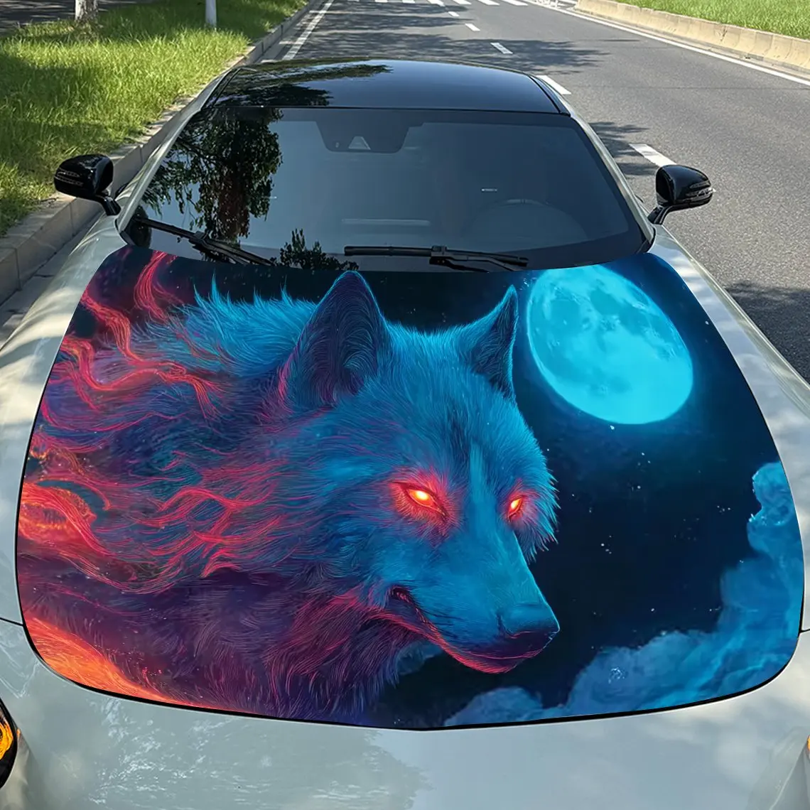 ملصق غطاء السيارة بتصميم Blue Night Moon Wolf ملفوف من الفينيل الملون المقاوم للماء للشاحنات ورسومات بونيه المزخرفة وإمكانية الوصول التلقائي