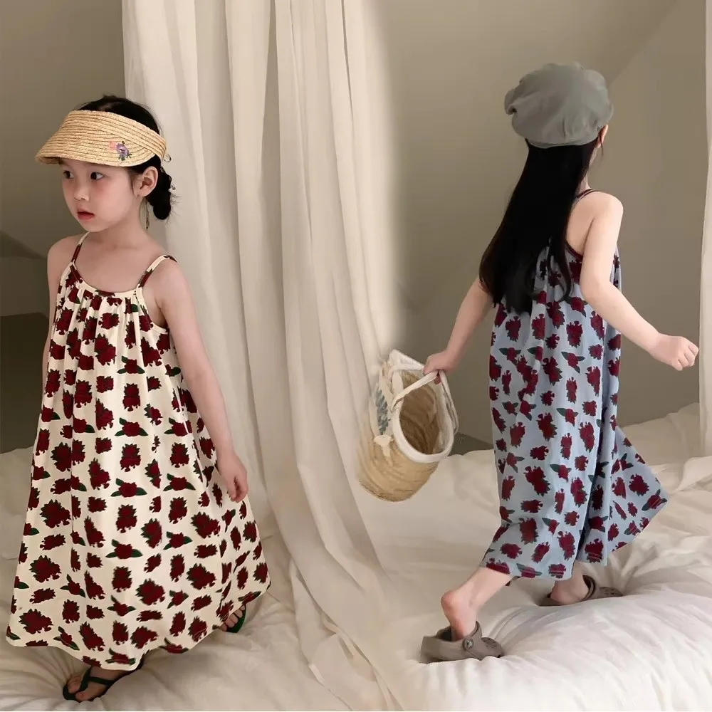 Sleeveless Design Beach Dress Rose Print Korean Printed Loose Dress Loose Fit For 2-9 Yrs Girls Suspenders Dress For Baby Girls