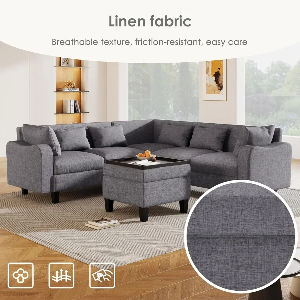 L-Shaped Couch with Coffee Table & 6 Pillows 6Seat Sectional Sofa with Storage Ottoman & Unique Curved Armrest Convertible Sofa