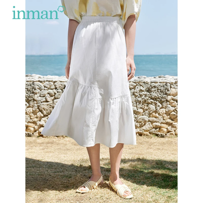 

INMAN Women Skirt 2023 Summer Elastic High Waist A-shaped Loose Classic Solid Color Fashion All-match Khaki Black White Skirt