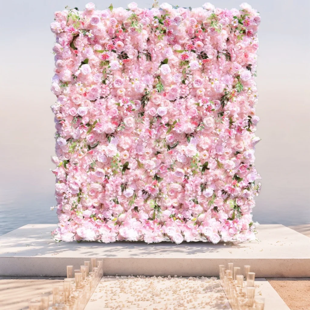 Uflower Royal Series 3D Pink Rose Flower Wall Artificial Rose Hydrangea Lily Flower Wall Outdoor Wedding Decoration Background