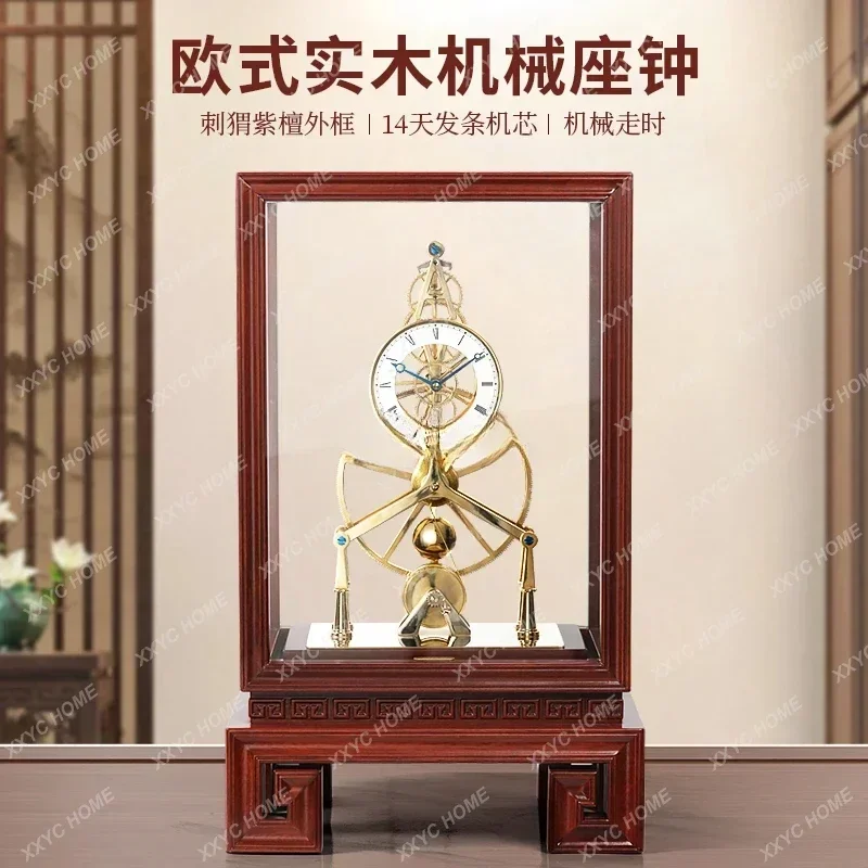 Clock living room pendulum desktop creative big round wheel perspective gear mechanical clock mahogany ebony solid wood