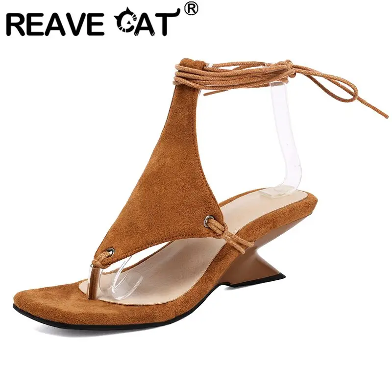 

REAVE CAT Pink Women Sandals Round Toe 6cm Block Heel Buckle T-Strap Mixed Color Plus Size 44 45 46 47 48 Sweet Mary Janes Shoes