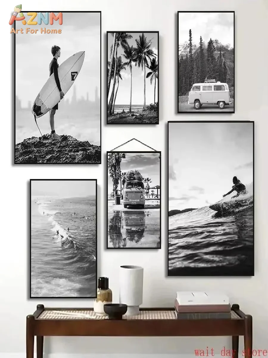 AZNM Beach Camper Van Surfing Ocean Landscape Wall Art Palm Tree Surfboard Canvas Painting Home Room Decor Poster Prints