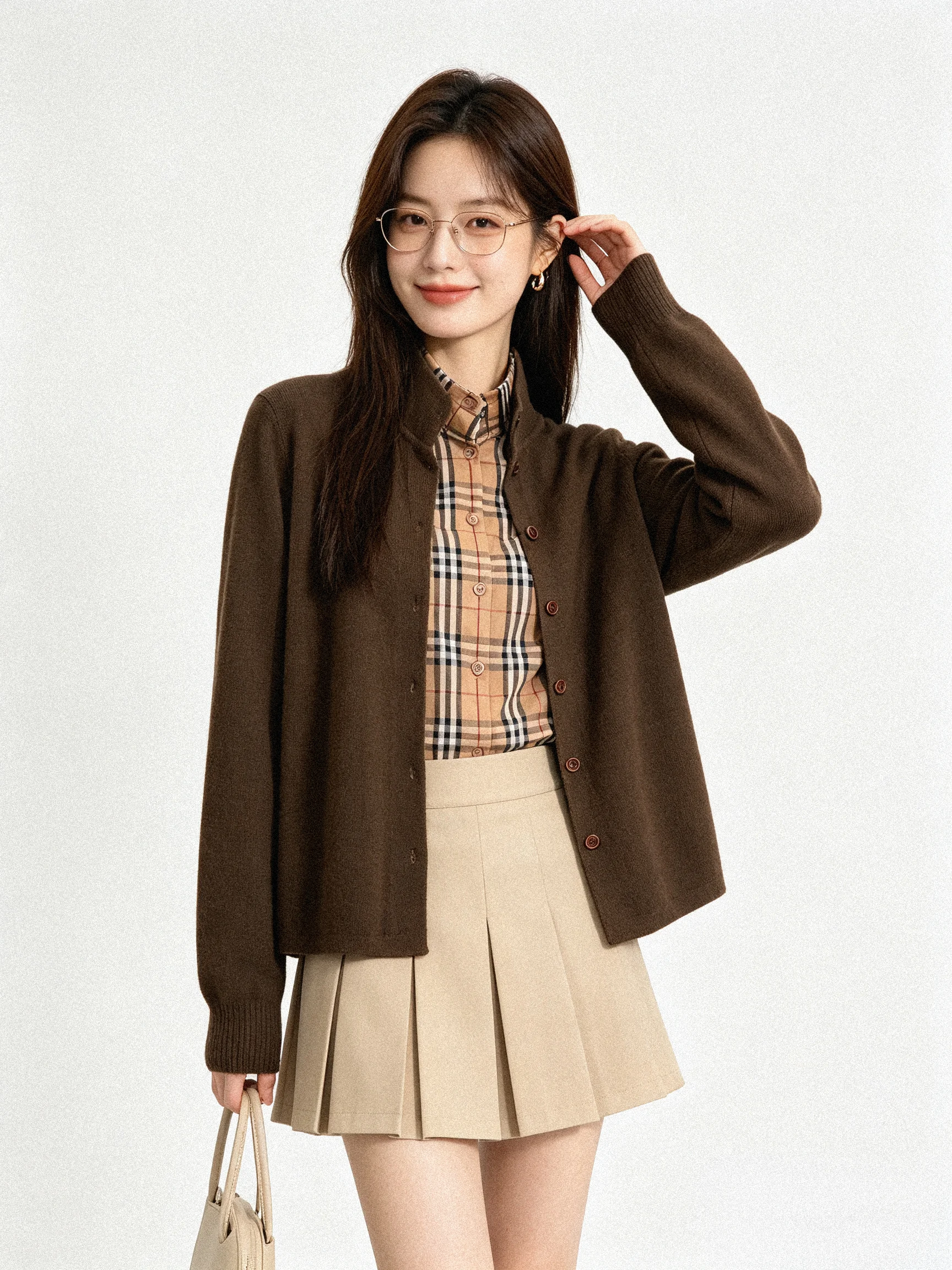 Skin-friendly Breathable Early Autumn Korean Style Retro Stand Collar Knitted Shirt Fake Two-piece Plaid Loose Outerwear