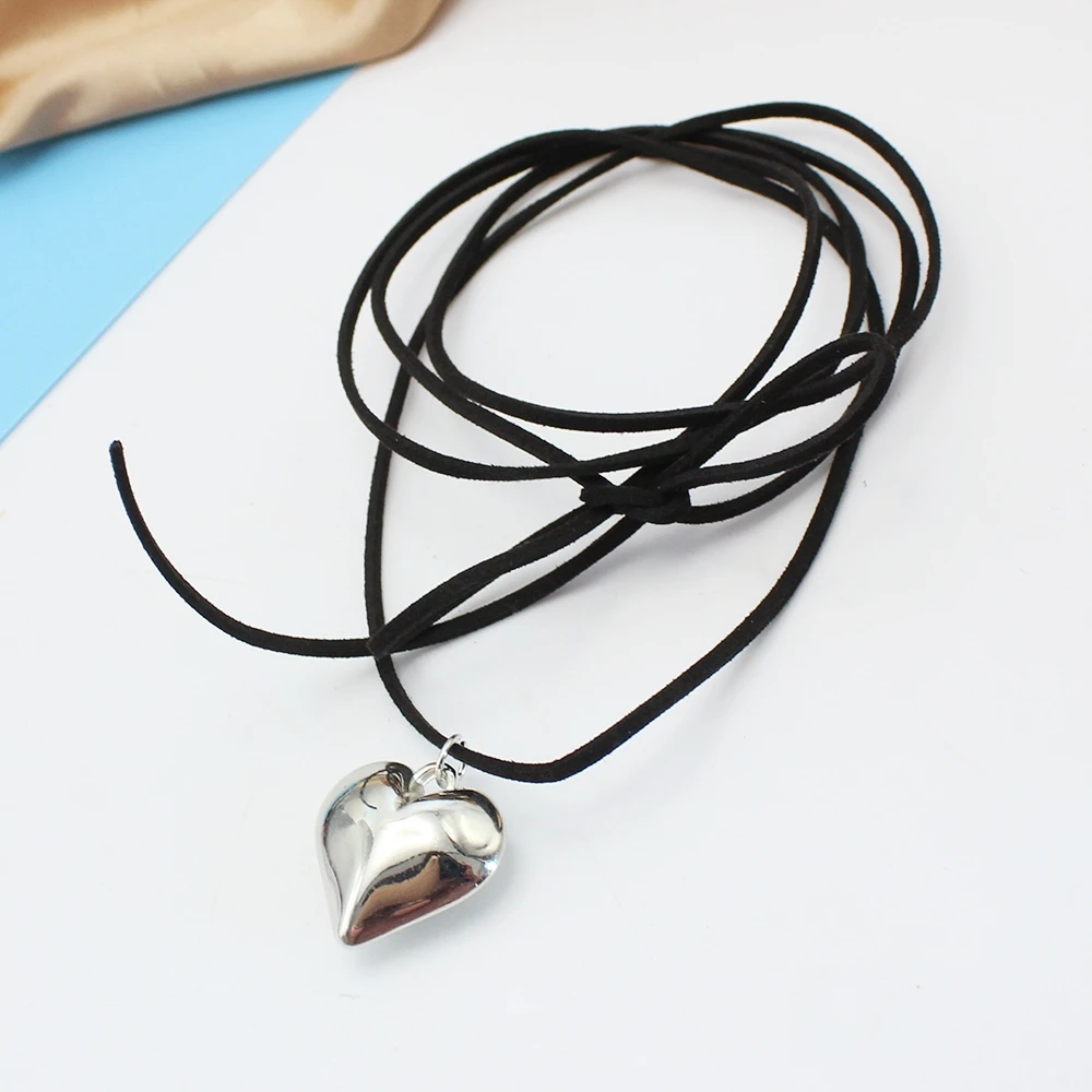 Fashion Goth Black Velvet 30mm Big Heart Pendant Choker Necklace Women Diy Weave Knotted Bowknot Adjustable Chain Jewelry