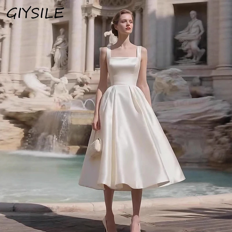 Square Strap & Off Shoulder Satin Midi Wedding Dress 2 Styles A-Line Tea Length Simple Elegant Bridal Gown for Bride Party Dress