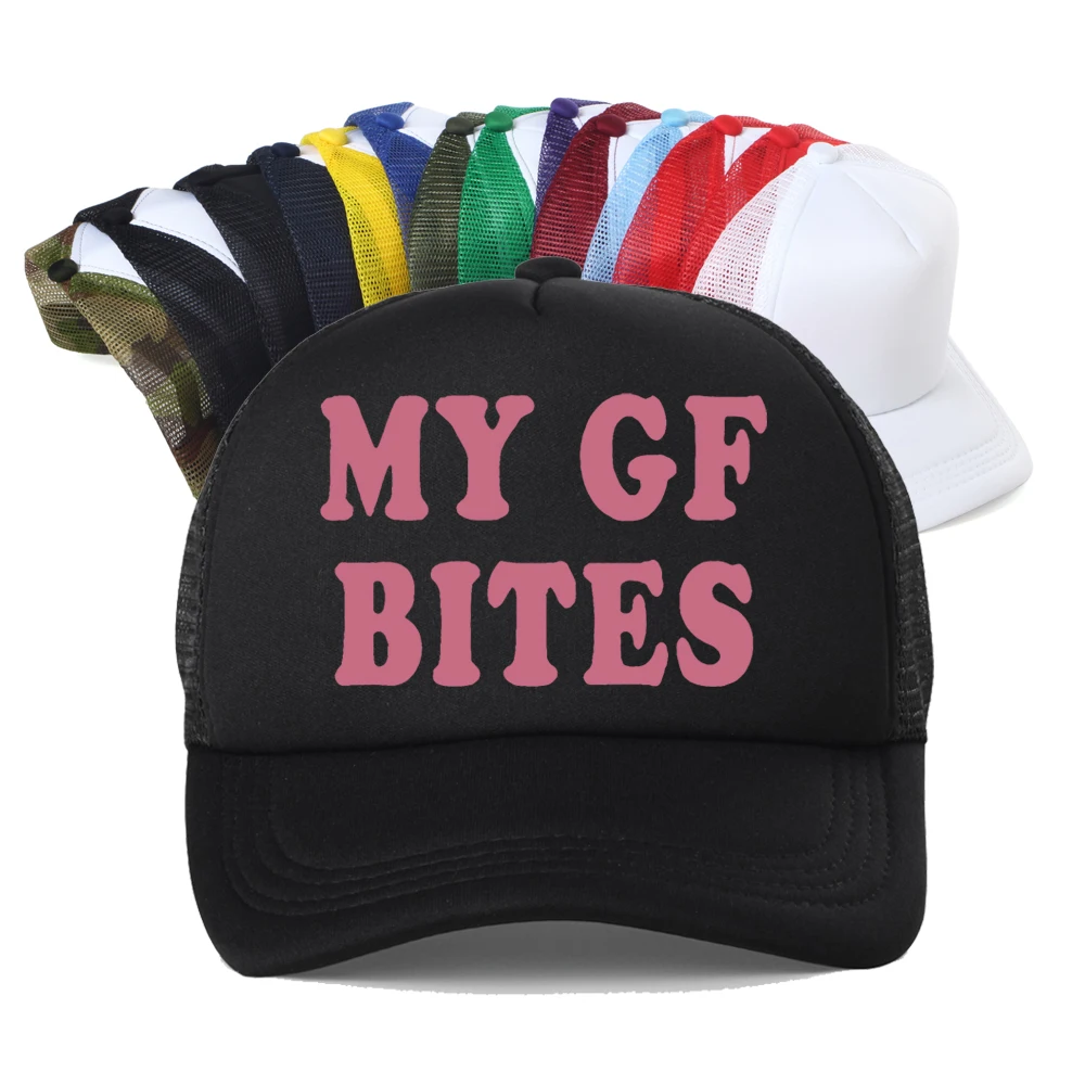 My Gf Bites Funny Baseball Cap Summer Couple Cotton Mesh Unisex Adjustable Breathable Trucker Hat