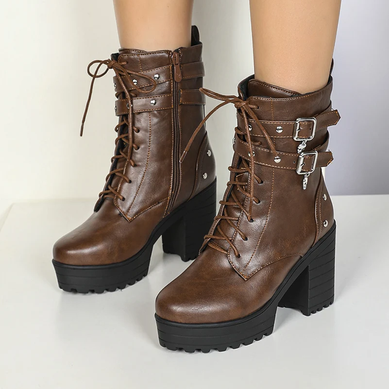 Plus Size Women's PU Leather Ankle Boots High Heel Gothic Combat Boots,Rivet Skull Buckle Strap Lace‑Up Zipper Platform Boots