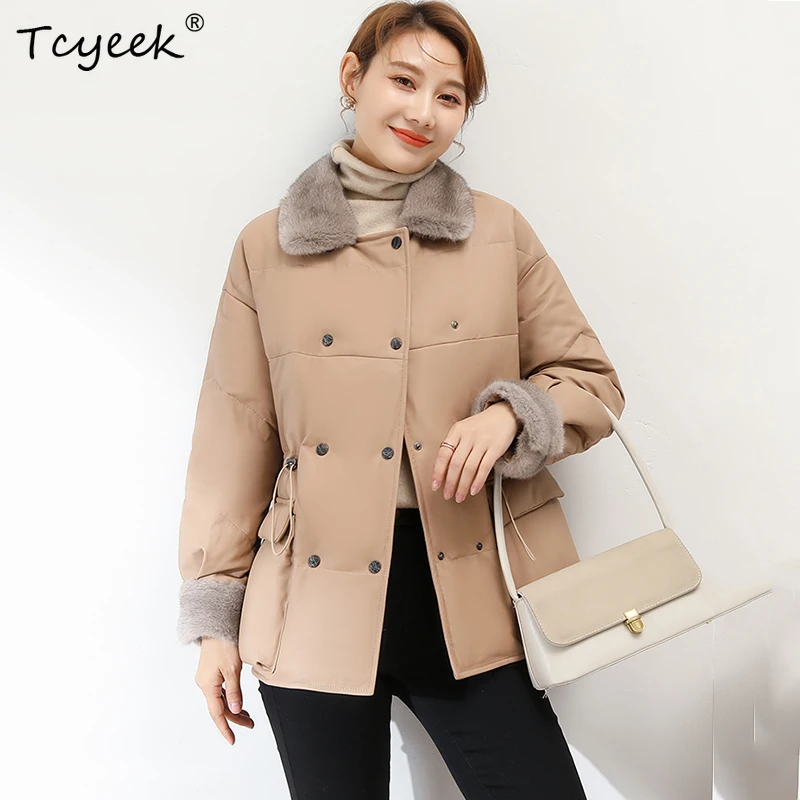 

Sheepskin Leather Coat Women's Winter Mink Hair Collar Casual Medium Long White Duck Down Lining Genuine Leather Down Jacket