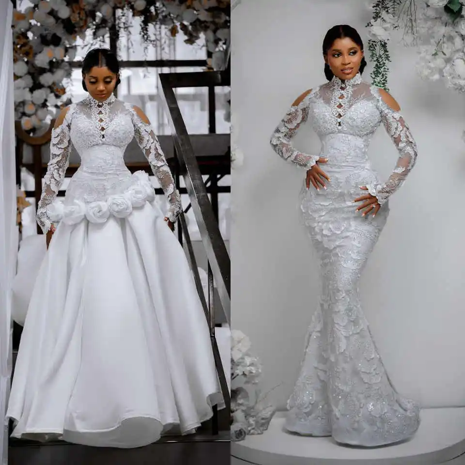 Glamorous Hand Made Flowers Wedding Dress Mermaid Long Sleeve Lace Brida Gowns Customized Bridal Dresses Couture