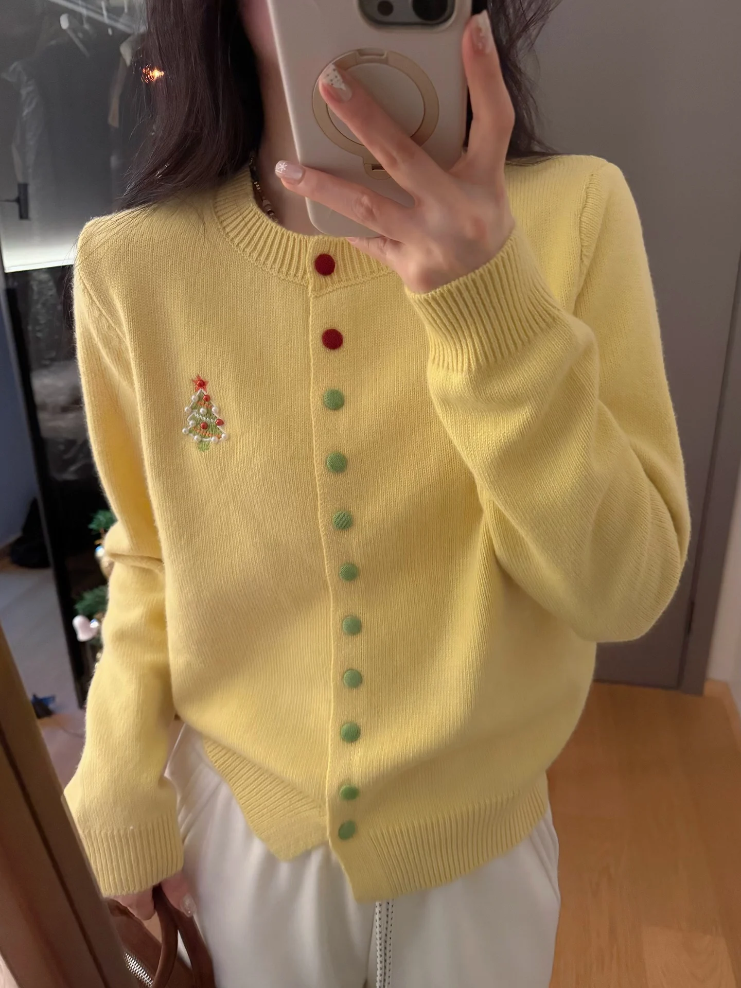 

Korean Sle Cisas Tree Pearl Embroidery Loose round Ne Knitted Top Color Blo Long Sve Girls Faion Winter irt