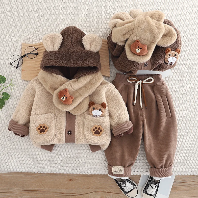 

‌2025 Winter Baby Boys Fleece-lined Hoodie Set with Scarf 3-Piece Outfit Warm Thickened Casual Clothes for Kids Girls Clothes