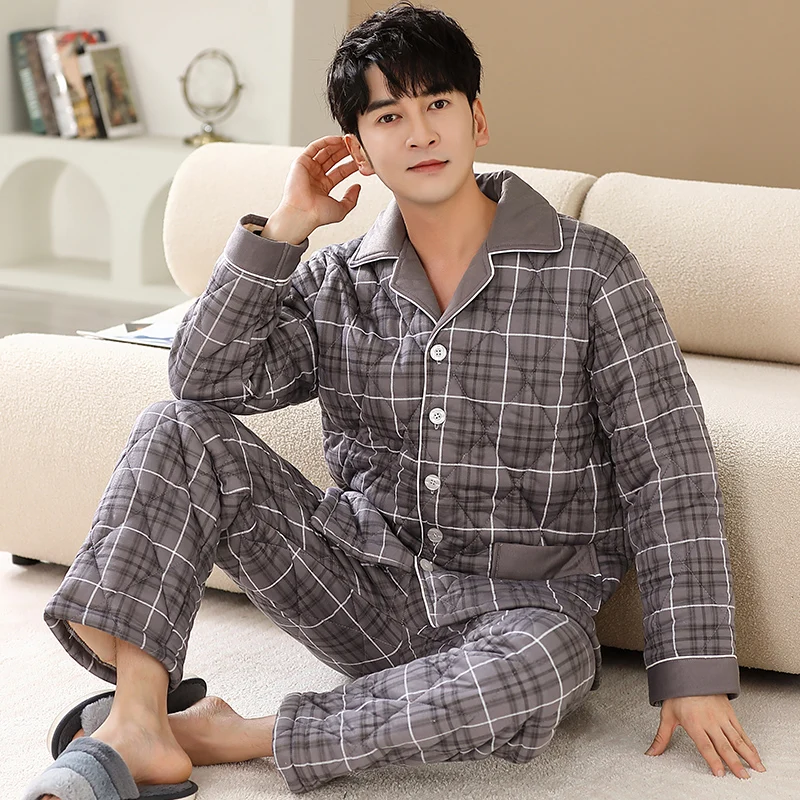 Xadrez impressão acolchoado pijamas masculinos conjunto de inverno puro algodão grosso manga longa calças conjunto casual outono serviço de casa masculino pijamas