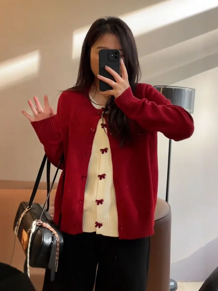 

High-End Red Knitted Open Cardigan Fake Two-Piece Slim Design Korean Sle Knot Knitwear Warm Long Sve round Ne