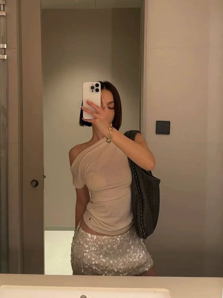 

Glittery Short Skirt And T-Shirt Set Women's Summer Bright Spangled Sleeveless High Waist Short Length Casual Sportswear