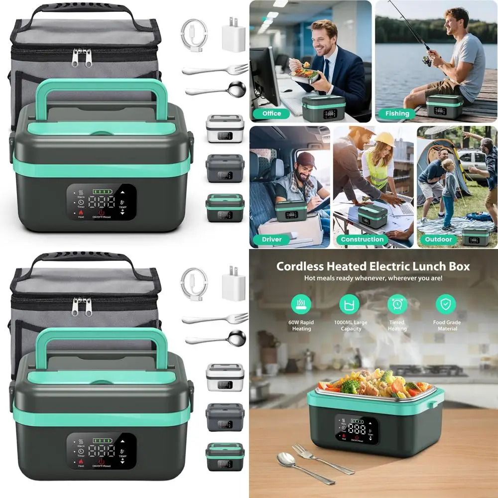 

Портативный электрический ланч-бокс EDCERATY, 60 Вт, 1 л, из нержавеющей стали, с приборами и сумкой, идеально подходит для работы или путешествий (серый/зеленый)