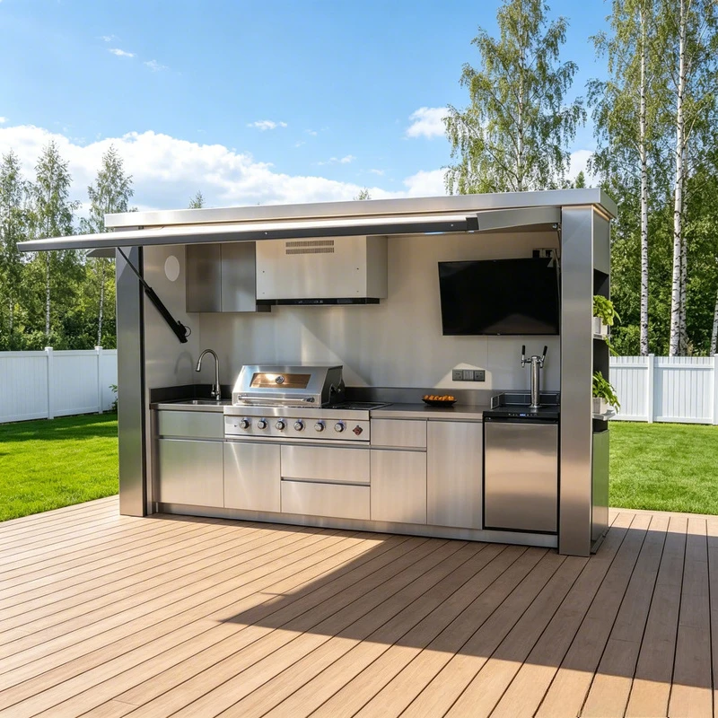 Smart Modular Outdoor BBQ Kitchen Island With Remote Control Lift Up Roof And 304 Stainless Steel Fridge Sink