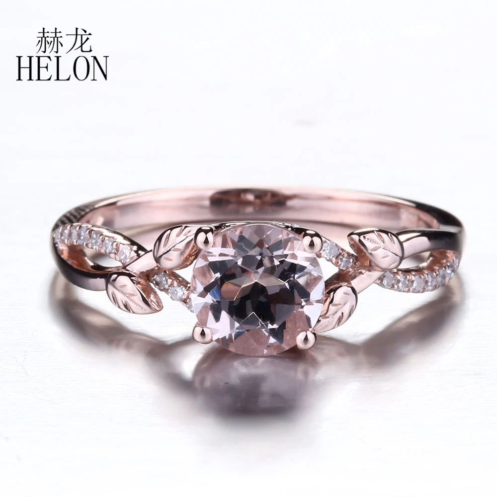 HELON Solid 14k 10K Rose Gold Round 6mm Natural Morganite Diamonds Engagement Ring Women Gemtones Trendy Fine Jewelry Gift