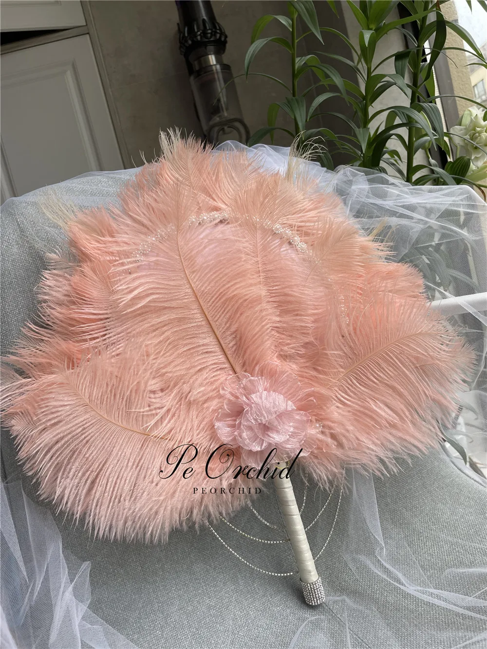 PEORCHID Luxury Pink Crystal Wedding Feather Fan Gatsby Theme Bridal Bouquet Engagement Hand Fan Brides Roaring 20\'s Bouquet