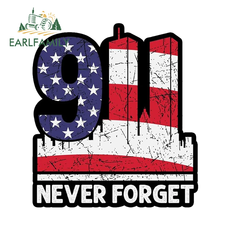 

EARLFAMILY 13cm x 11.7cm NEVER FORGET America Flag Car Accessories Personality Logo Slogan Waterproof Decal Helmet Stickers