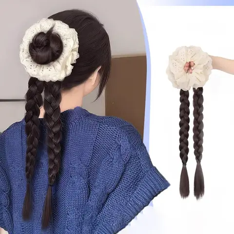 레이스 더블 트위스트 합성 브레이드 가발 헤어 링 여성 달콤한 모조 포니 테일 확장 헤어 액세서리