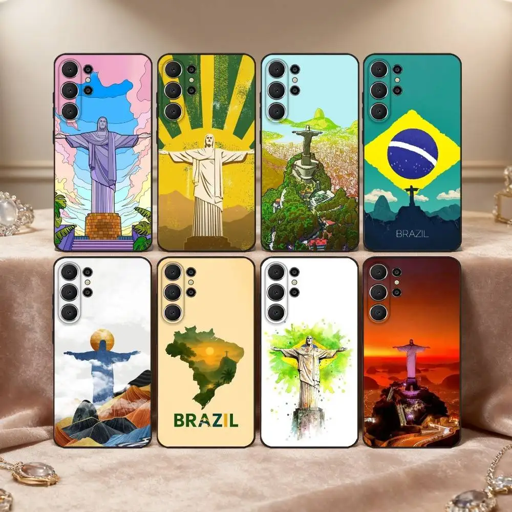 Funda para Teléfono C-Christ the R-Redeemer Brasil para Samsung S26, S25, S24, S21, S22, S23, S30, Ultra, S20, FE, Lite, 10, 9, Negra