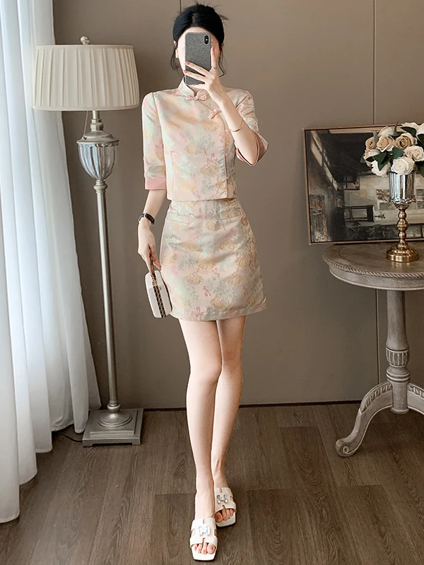 

Elegant Fashionable Summer New Style Women's Suit Set Short Skirt Top Seven Sleeve Chinese National Style Lightweight Luxury ...