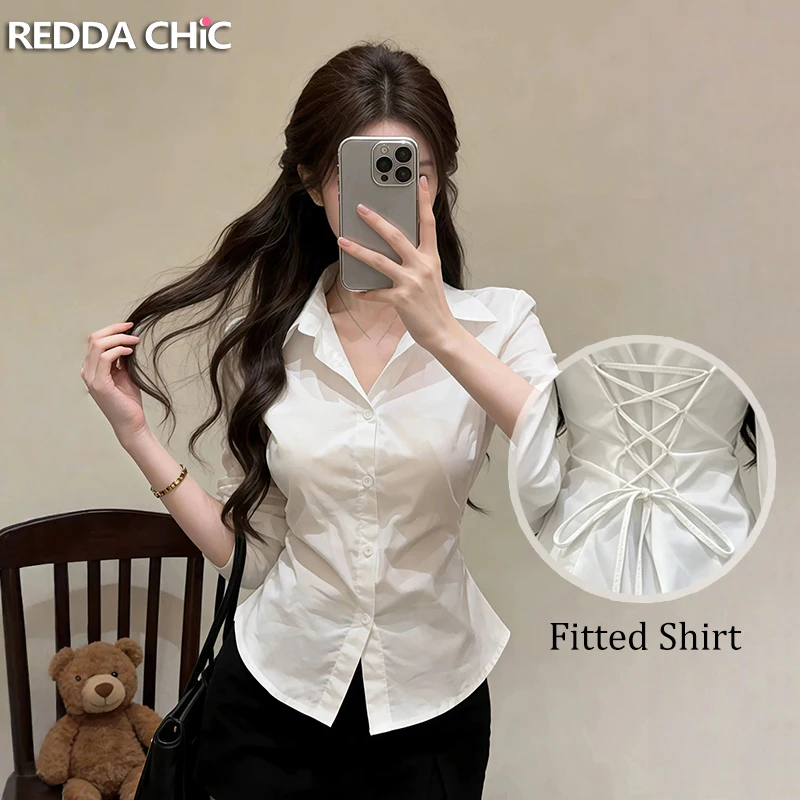 

Рубашка ReddaChic в рубчик с завязками на спине, женская, в стиле Cutecore, белая, однотонная, на пуговицах, с длинным рукавом, для девочек-подростков, школьная форма JK