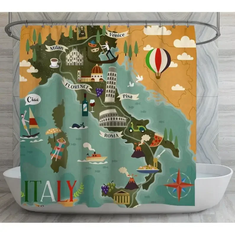 Italy By Ho Me Lili Shower Curtains Famous Cities Blue Green And Orange Map Travel Theme Bath Decor Waterproof Fabric